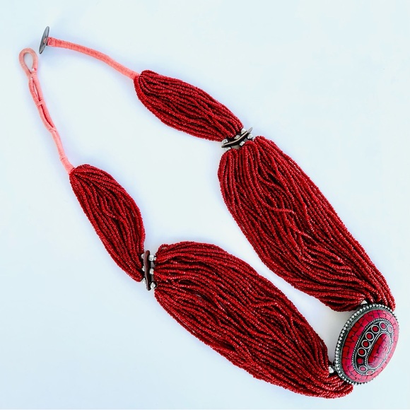 Vintage Hand Made Ethnic Tibetan Beaded Belt Red Seed Bead - Picture 6 of 16